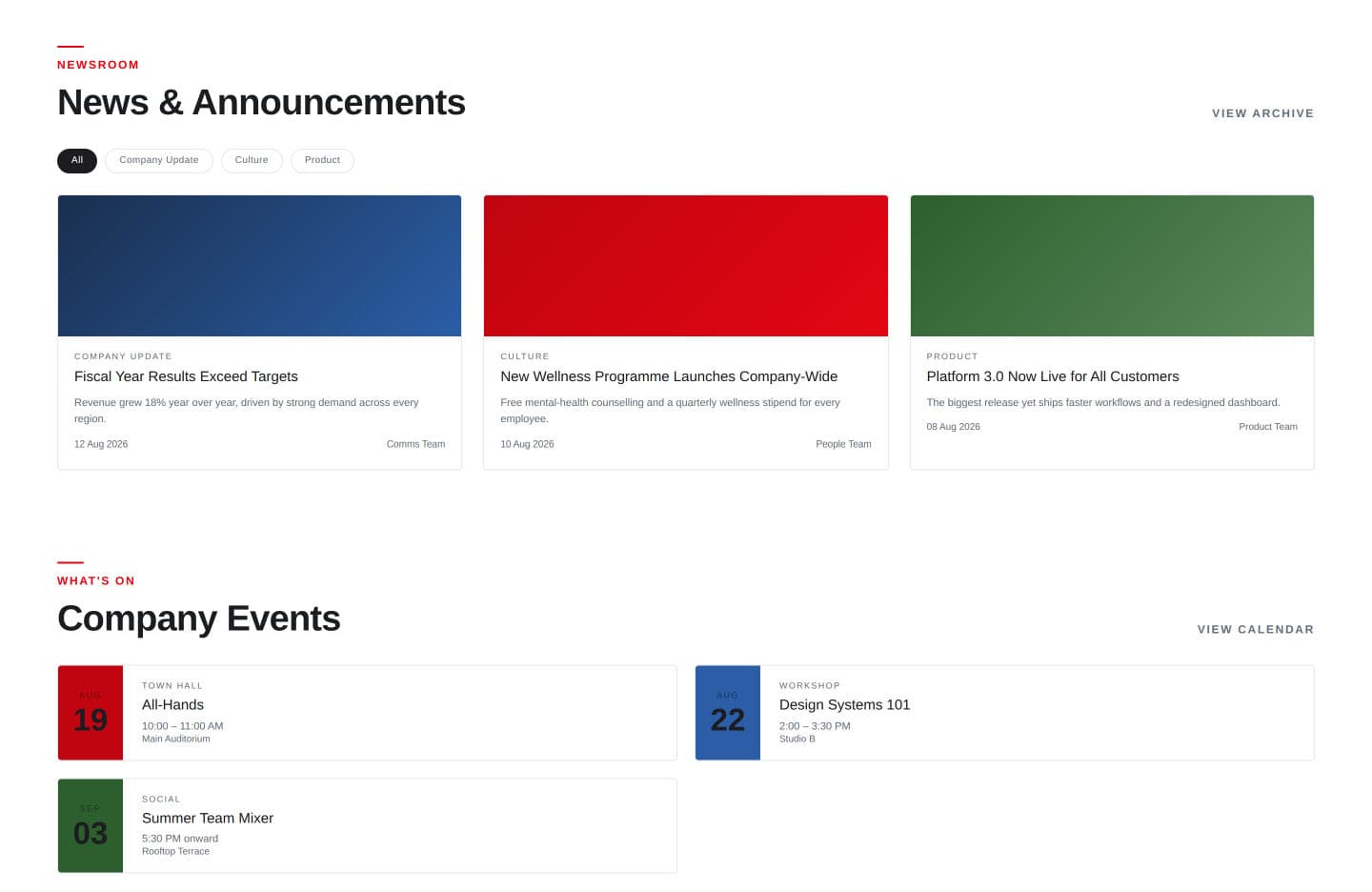 Filterable newsroom with company update, culture and product categories