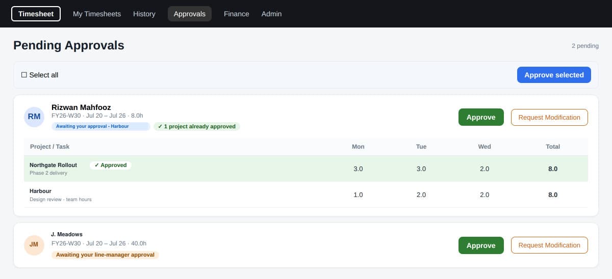 Pending approvals showing a submitted week awaiting sign-off