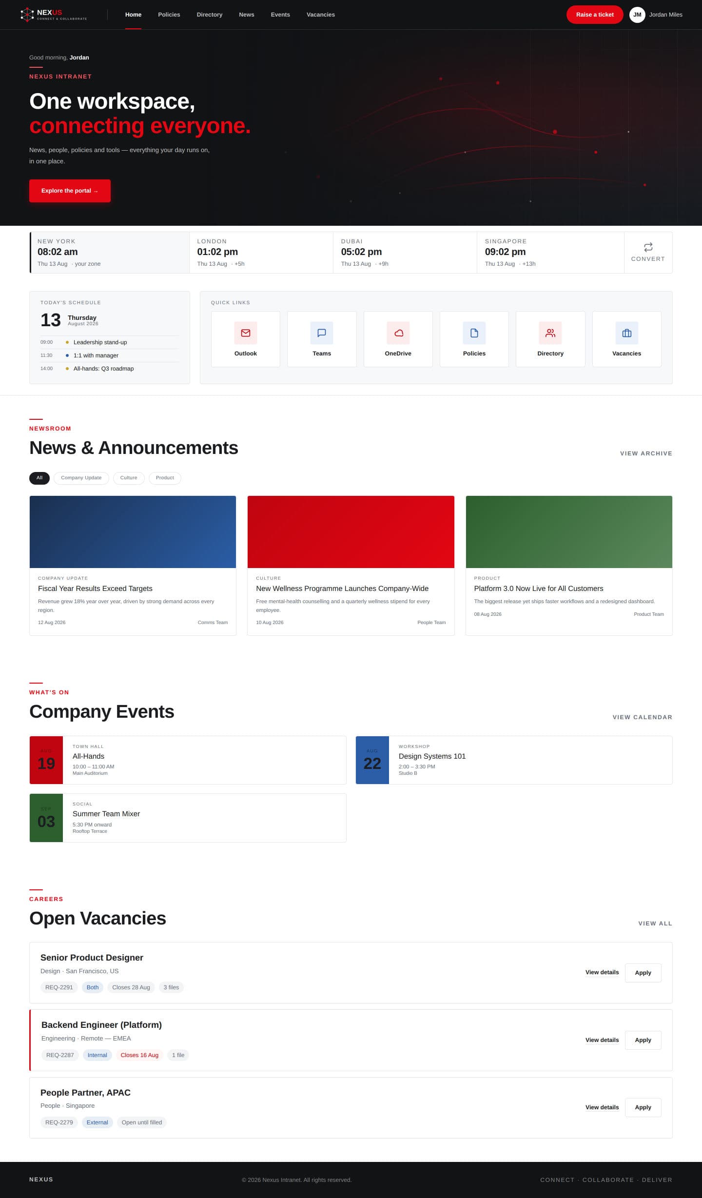 The full intranet home page: hero, world clocks, schedule, newsroom, events and vacancies