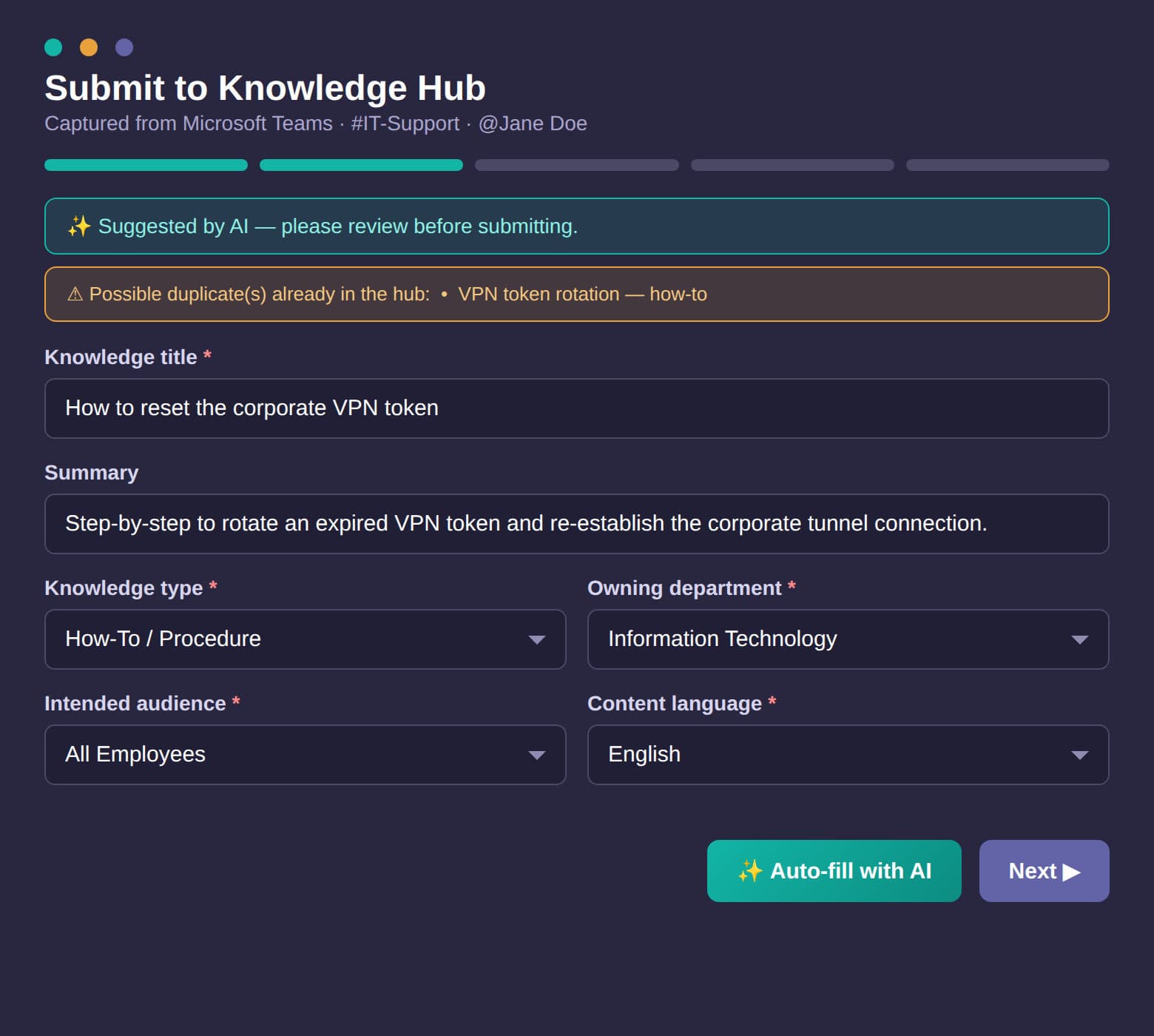 Knowledge capture form opened on a Teams message, pre-filled by AI with a duplicate warning