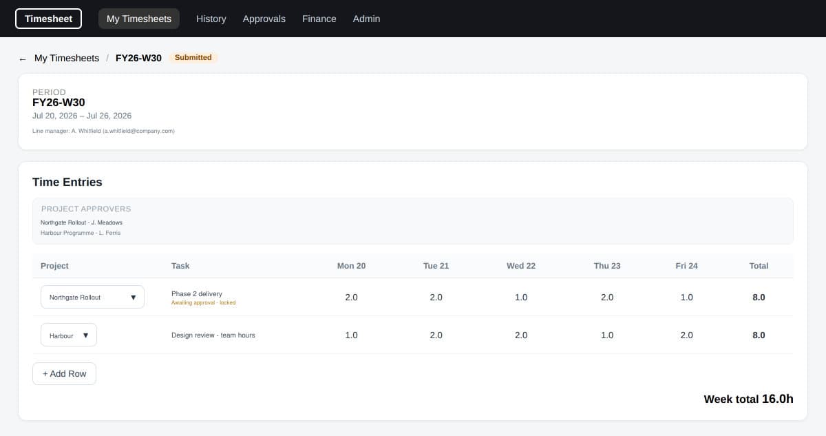 A weekly timesheet with project rows, daily hours and a week total